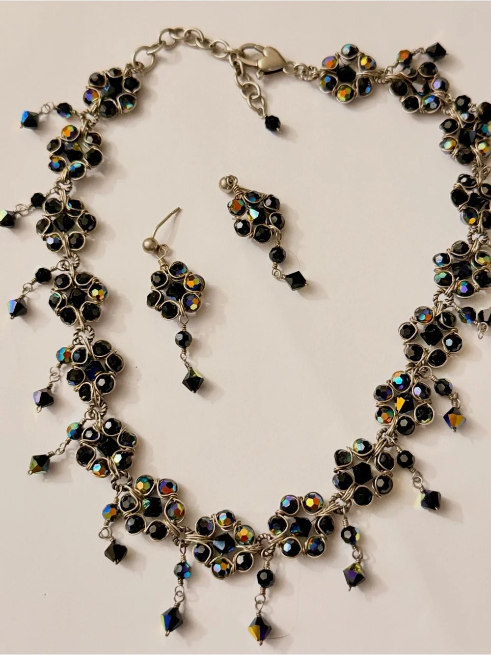 Artisan Black Necklace and Earrings with Multicolor Aurora Crystals